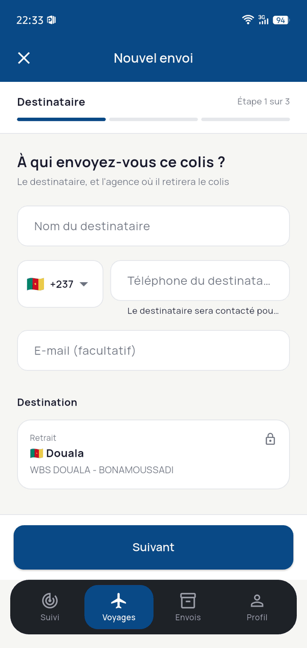 Première étape d'une réservation : les coordonnées du destinataire