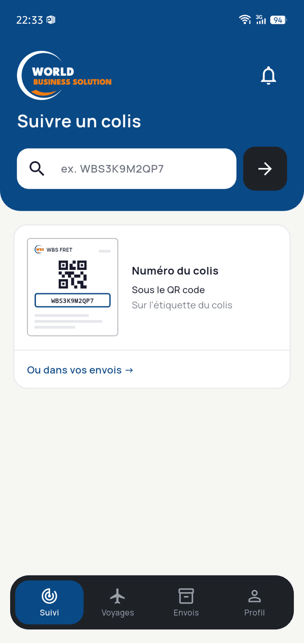 Écran de suivi de l'application WBS Fret : un champ où saisir le numéro du colis
