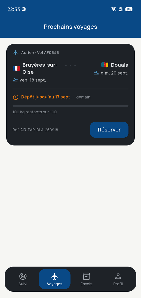 Liste des prochains départs, avec la date limite de dépôt et le poids restant